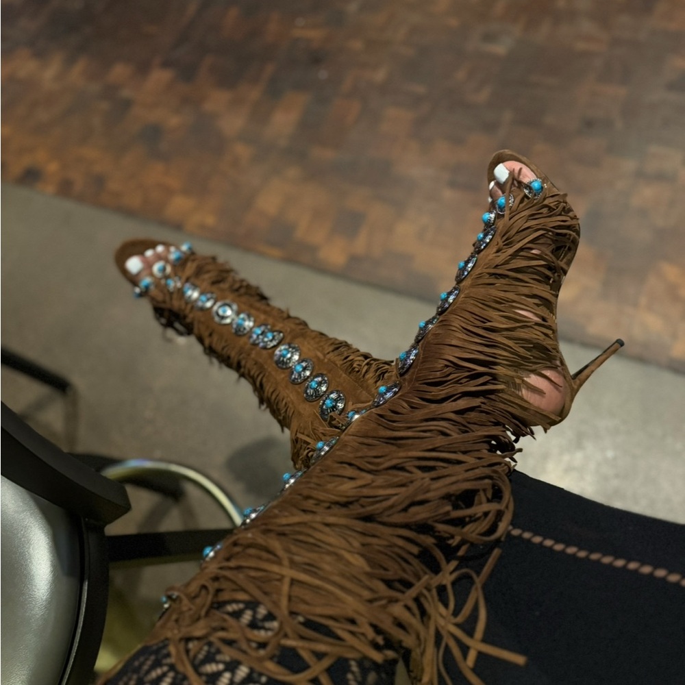 Jennifer Le Brown Fringe Stiletto Boots with Blue Accents